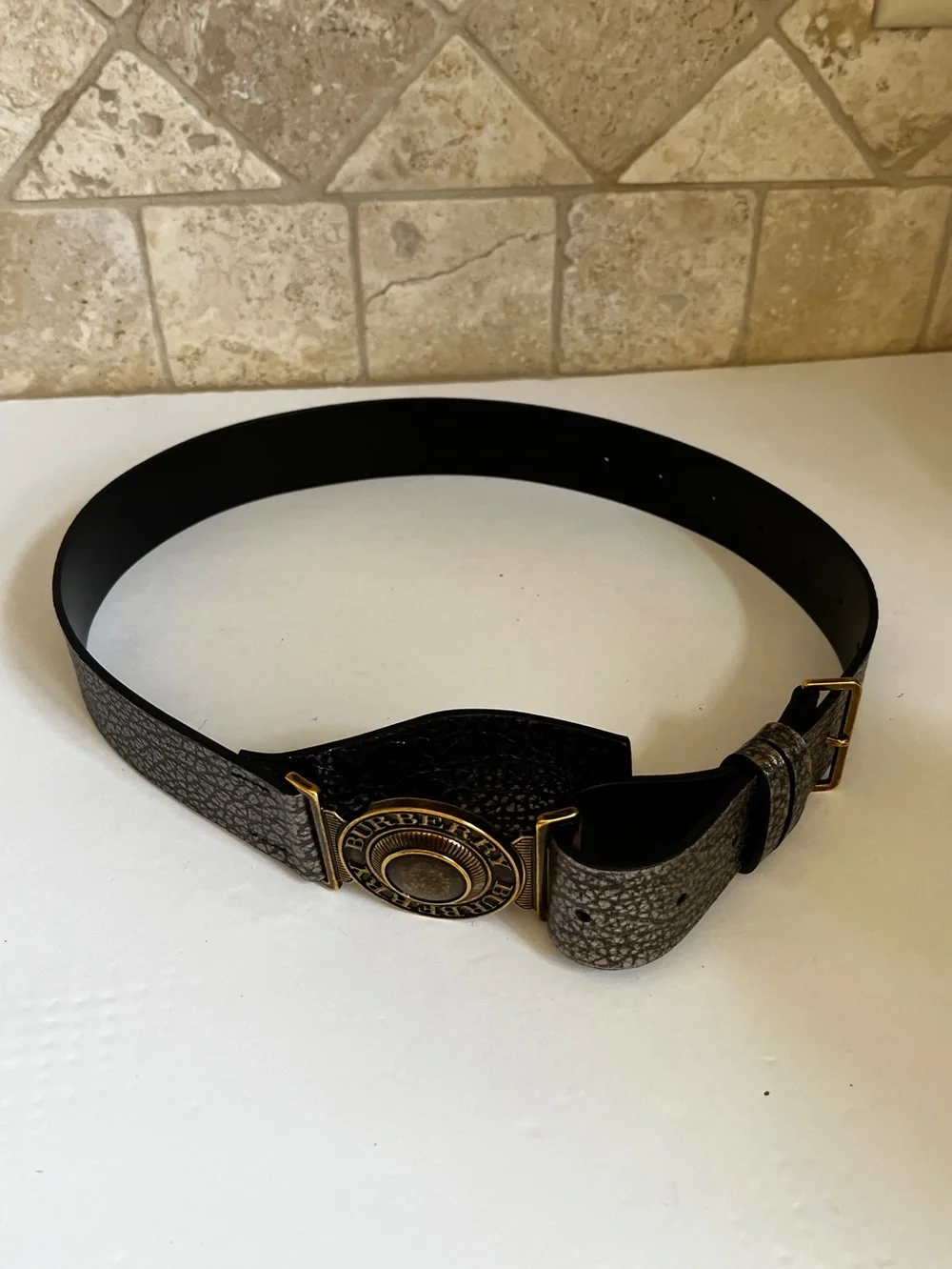 RARE Burberry Prorsum Leather and Brass Logo Toggle Buckle Belt